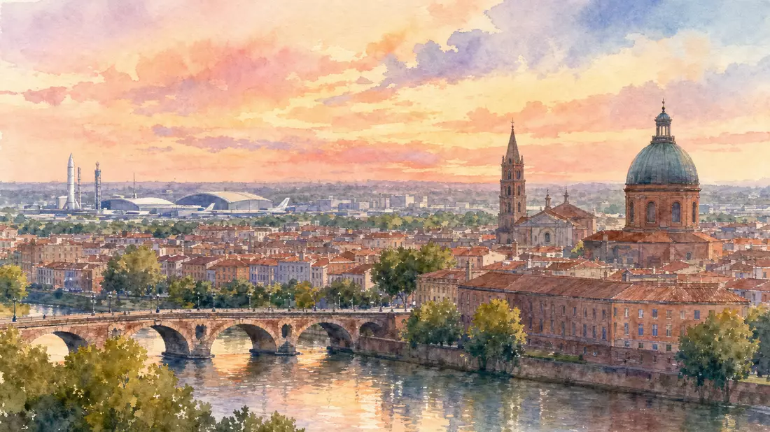 Aquarellmalerei von Toulouse mit Flughafengebäuden und weiten Himmel bei Sonnenuntergang