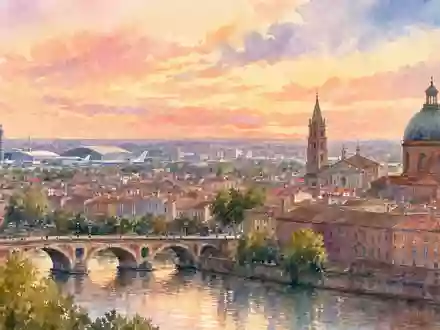 Airbus SE (NL0000235190) illustriert Toulouse als Aquarell-Landschaft mit Flughafengebäuden und Himmel bei Sonnenuntergang - Foto: THN