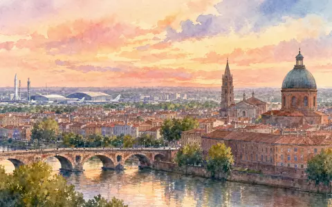 Airbus SE (NL0000235190) illustriert Toulouse als Aquarell-Landschaft mit Flughafengebäuden und Himmel bei Sonnenuntergang - Foto: THN