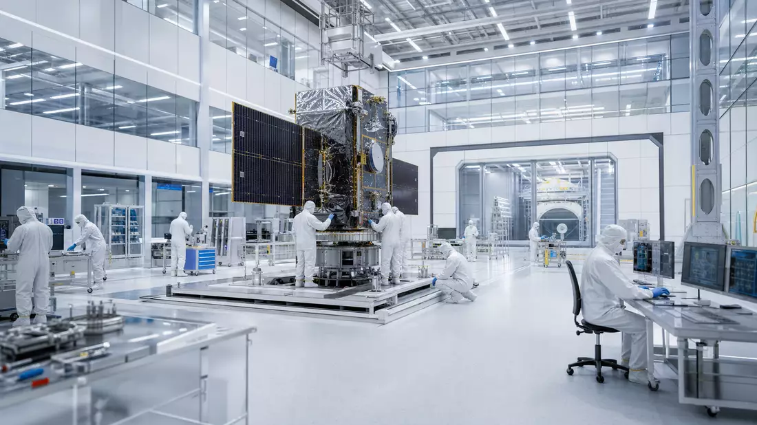 Architektonischer 3D-Render eines modernen Reinraums für Satellitenmontage mit klaren Linien