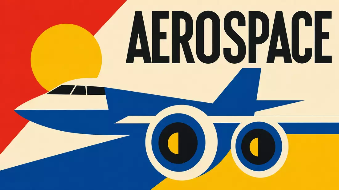 Geometrisches Bauhaus-Poster mit Flugzeugsilhouette und Schriftzug AEROSPACE in Primärfarben