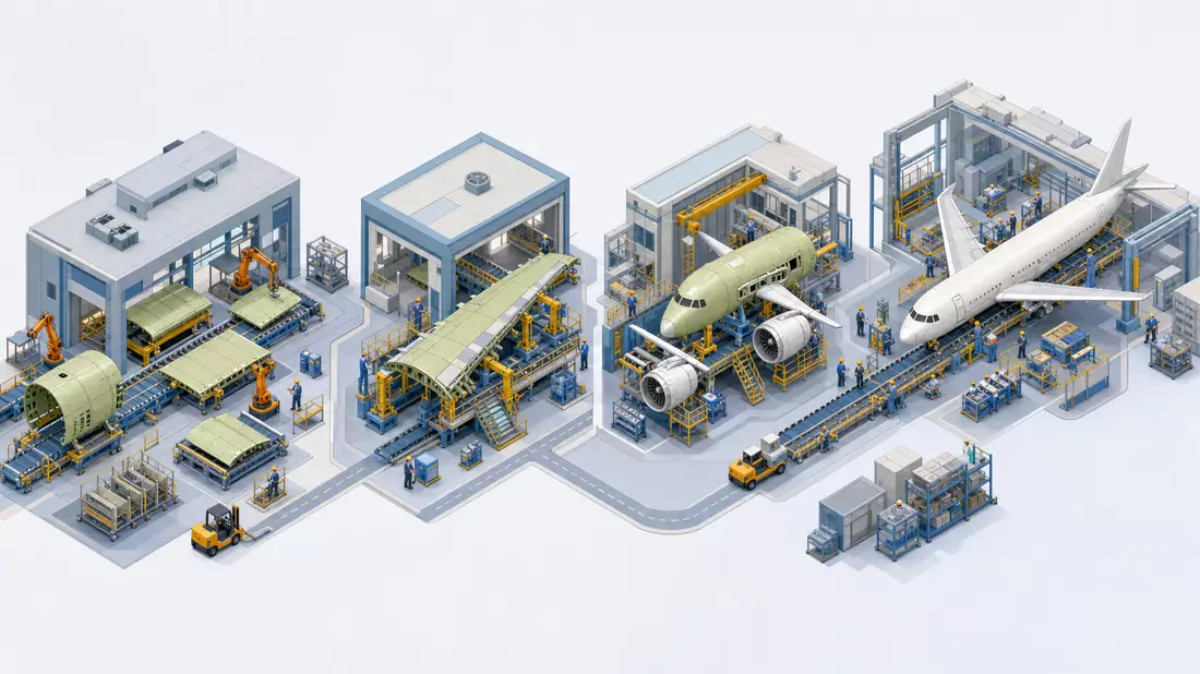 Isometrische 3D-Illustration der Wertschöpfungskette von Flugzeugbau-Fertigungsschritten