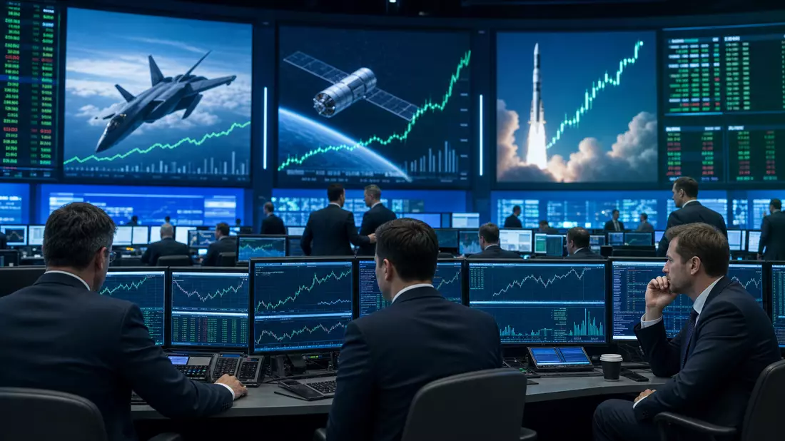 Editorial-Aufnahme eines Trading-Floors mit Kursdiagrammen zur Luft- und Raumfahrtbranche