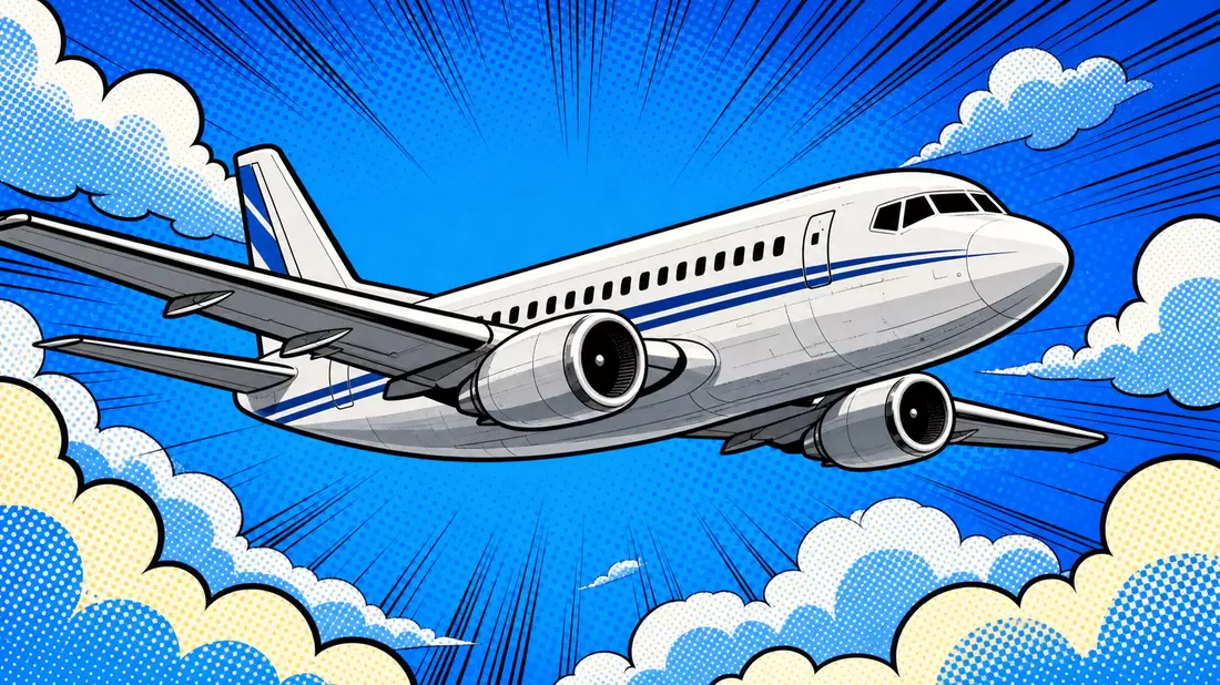 Pop-Art-Comic-Illustration eines generischen Passagierflugzeugs fliegend über bunten Wolken