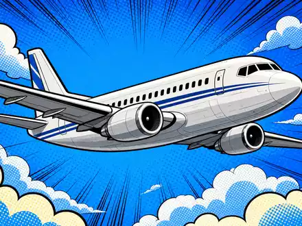 Airbus SE (NL0000235190) zeigt eine farbenfrohe Pop-Art-Comic-Szene mit fliegendem generischem Passagierflugzeug über Wolken - Foto: THN