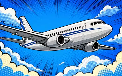 Airbus SE (NL0000235190) zeigt eine farbenfrohe Pop-Art-Comic-Szene mit fliegendem generischem Passagierflugzeug über Wolken - Foto: THN