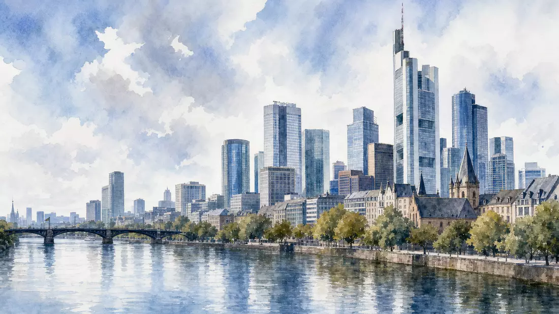 Aquarellmalerei der Frankfurter Skyline mit Bürotürmen entlang des Mains
