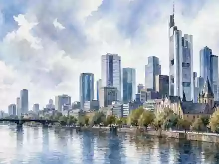Deutsche Bank AG (DE0005140008) Aquarell illustriert Frankfurter Skyline künstlerisch, sanfte Farben zeigen Finanzmetropole am Main - Foto: THN