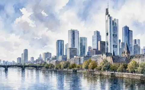 Deutsche Bank AG (DE0005140008) Aquarell illustriert Frankfurter Skyline künstlerisch, sanfte Farben zeigen Finanzmetropole am Main - Foto: THN