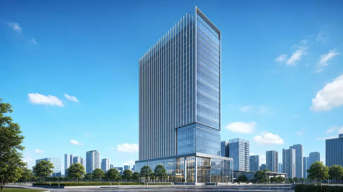 Architektur-Render eines modernen gläsernen Hochhausturms im Finanzdistrikt