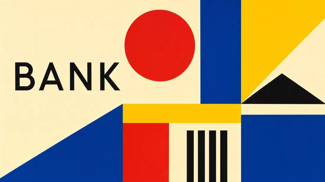 Bauhaus-Poster mit geometrischen Formen und dem Schriftzug BANK