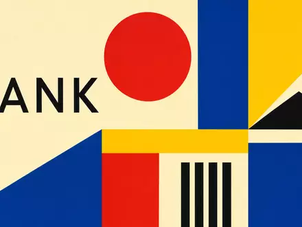 Deutsche Bank AG (DE0005140008) Bauhaus-Poster präsentiert geometrische Formen, Sektor-Schriftzug BANK symbolisiert Finanzbranche - Foto: THN
