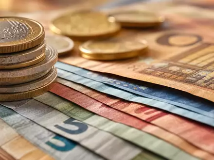 Deutsche Bank AG (DE0005140008) Makroaufnahme zeigt Euro-Banknoten und MĂĽnzen, Detailbild typisch fĂĽr den Bankensektor - Foto: THN