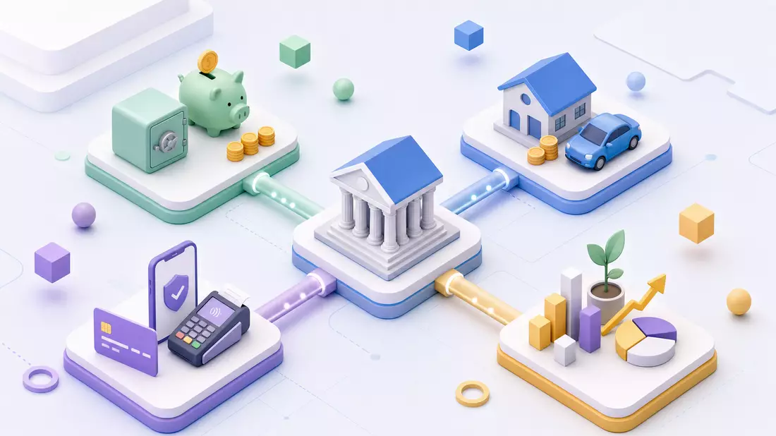 Isometrisches 3D-Diagramm der Wertschöpfungskette im Bankwesen mit vernetzten Symbolen