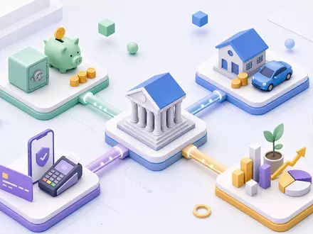Deutsche Bank AG (DE0005140008) isometrisches 3D-Diagramm visualisiert Wertschöpfungskette im Bankwesen, moderne Vektorgrafik - Foto: THN