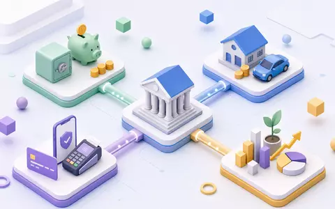 Deutsche Bank AG (DE0005140008) isometrisches 3D-Diagramm visualisiert Wertschöpfungskette im Bankwesen, moderne Vektorgrafik - Foto: THN