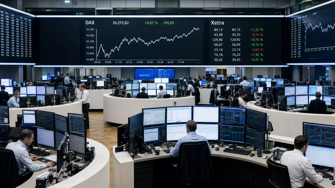 Editorial-Aufnahme eines Börsen-Trading-Floors mit Kursdiagrammen auf Bildschirmen