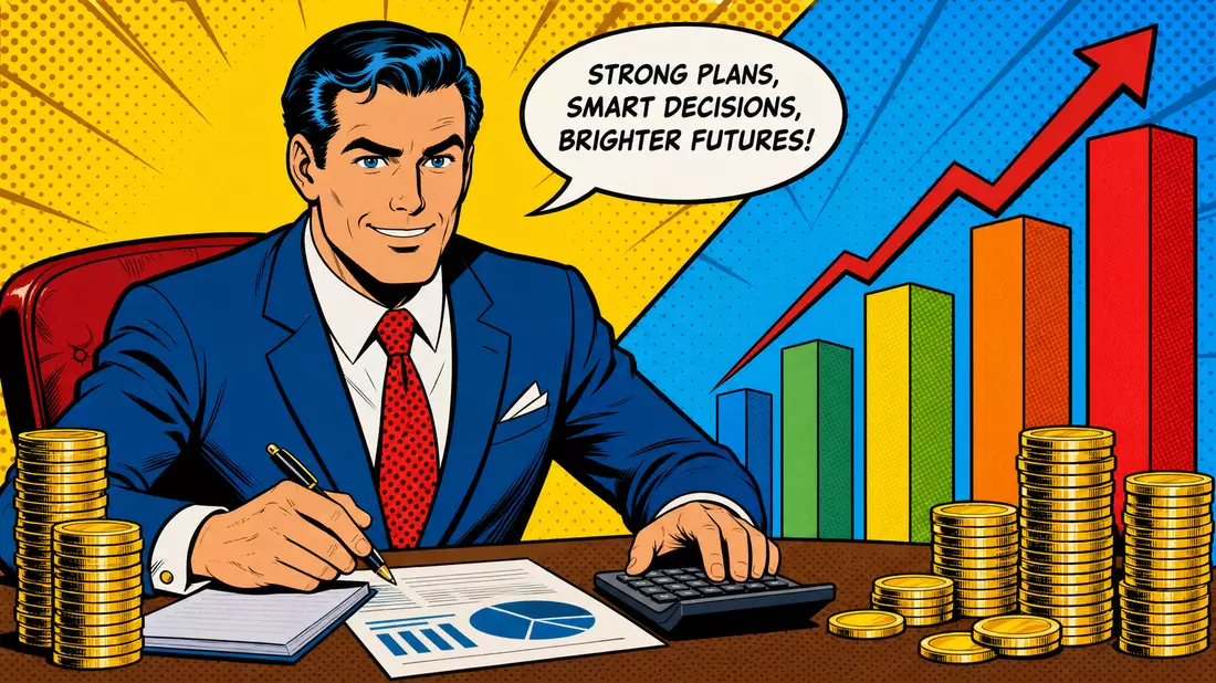 Pop-Art-Comic-Illustration eines stilisierten Bankers mit Münzstapeln und Balkendiagramm