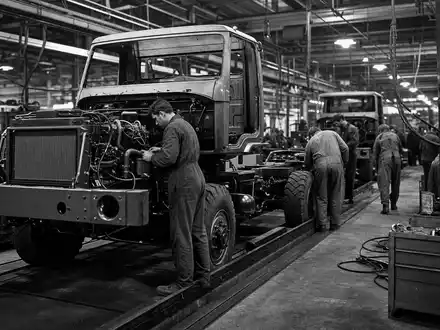 Dokumentarisches SchwarzweiĂźfoto zeigt Daimler Truck Holding AG DE000DTR0CK8 Arbeiter an unbeschrifteter Lkw-Fertigungslinie in Halle - Foto: THN
