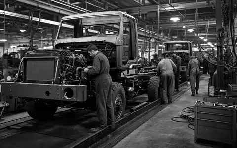 Dokumentarisches Schwarzweißfoto zeigt Daimler Truck Holding AG DE000DTR0CK8 Arbeiter an unbeschrifteter Lkw-Fertigungslinie in Halle - Foto: THN