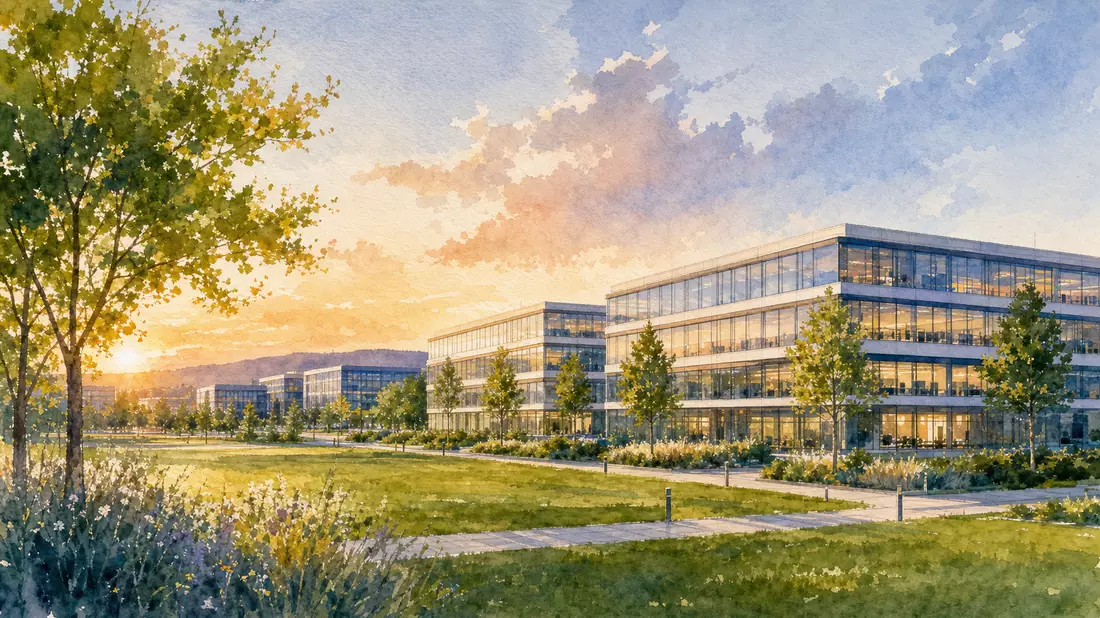 Aquarellbild eines modernen Bürocampus in weicher Abendbeleuchtung