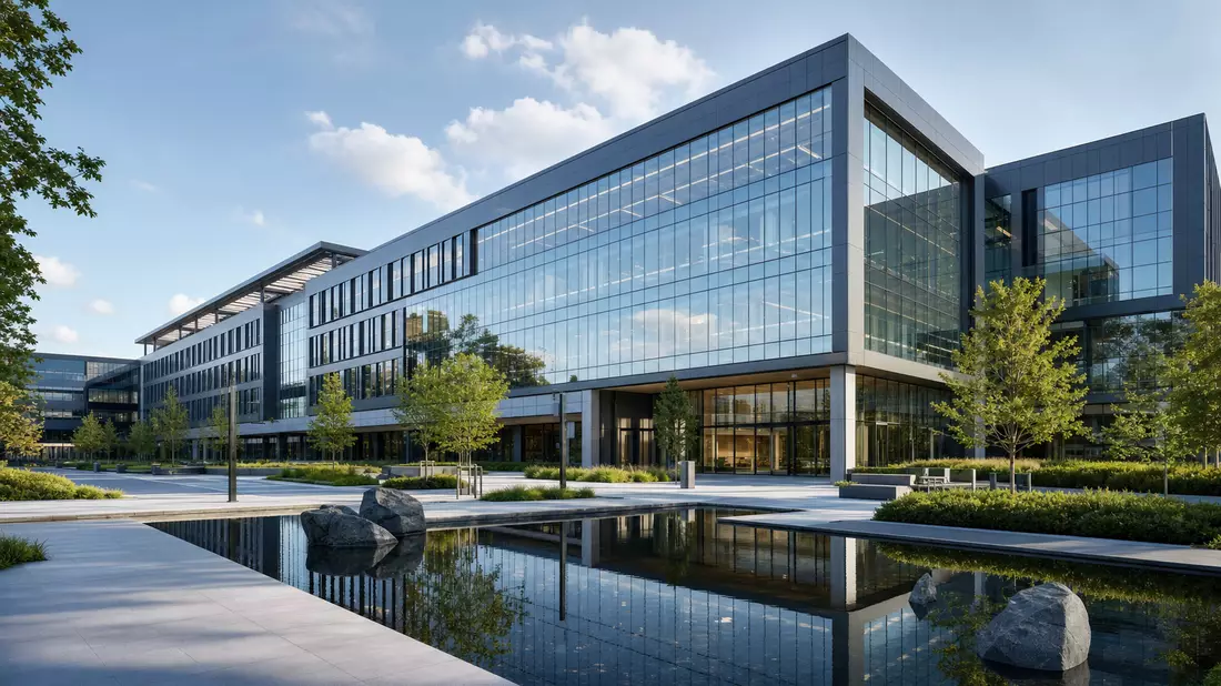 Architektur-Render eines modernen Verwaltungsgebäudes mit Glasfassade