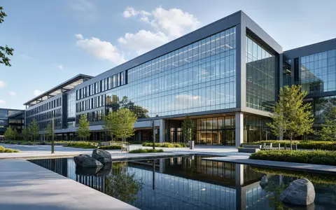 Architekturvisualisierung zeigt Daimler Truck Holding AG DE000DTR0CK8 modernes Verwaltungsgebäude mit Glasfassade und klaren Linien - Foto: THN