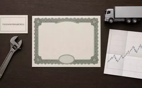 Flatlay-Arrangement zeigt Daimler Truck Holding AG DE000DTR0CK8 Aktienzertifikat ISIN-Karte neben Werkzeugen der Nutzfahrzeugbranche - Foto: THN