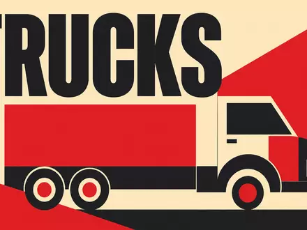 Bauhaus-Poster zeigt Daimler Truck Holding AG DE000DTR0CK8 geometrische Formen mit Sektor-Schriftzug TRUCKS in klaren Farben - Foto: THN