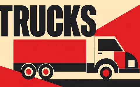 Bauhaus-Poster zeigt Daimler Truck Holding AG DE000DTR0CK8 geometrische Formen mit Sektor-Schriftzug TRUCKS in klaren Farben - Foto: THN