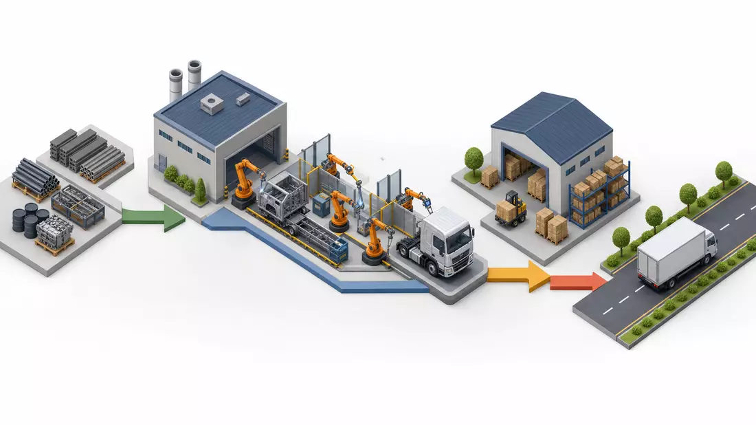 Isometrische 3D-Grafik einer Produktions- und Logistik-Wertschöpfungskette