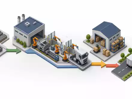 Isometrische 3D-Illustration zeigt Daimler Truck Holding AG DE000DTR0CK8 Wertschöpfungskette von Produktion bis Logistikauslieferung - Foto: THN
