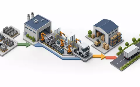 Isometrische 3D-Illustration zeigt Daimler Truck Holding AG DE000DTR0CK8 Wertschöpfungskette von Produktion bis Logistikauslieferung - Foto: THN
