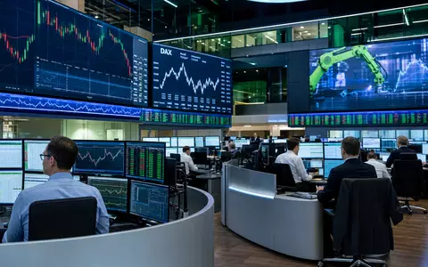 Börsen-Editorial zeigt Daimler Truck Holding AG DE000DTR0CK8 Handelsraum der Frankfurter Börse mit Charts zur Nutzfahrzeugbranche - Foto: THN