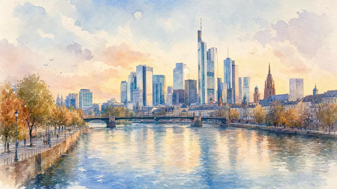 Aquarellbild der Frankfurter Skyline am Fluss mit Bankentürmen in warmen Farbtönen