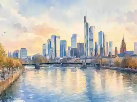 Aquarellmalerei der Frankfurter Skyline zeigt den Standort der Deutsche Börse AG, ISIN DE0005810055 - Foto: THN