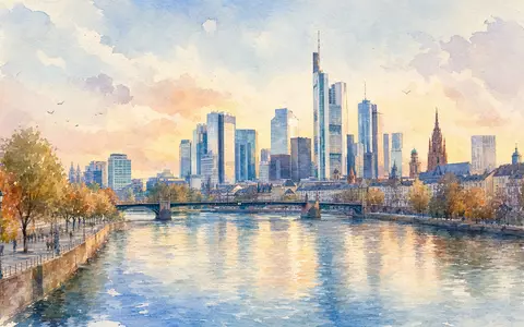 Aquarellmalerei der Frankfurter Skyline zeigt den Standort der Deutsche Börse AG, ISIN DE0005810055 - Foto: THN