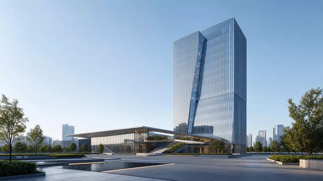 3D-Visualisierung eines modernen Glashochhauses mit Vorplatz und Bäumen bei Tageslicht