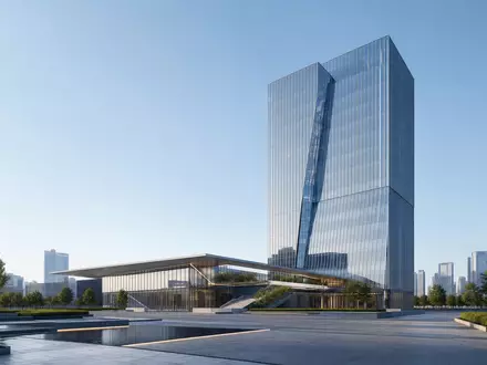 Architektur-Render eines Hochhauses veranschaulicht moderne Bürogebäude der Deutsche Börse AG, ISIN DE0005810055 - Foto: THN