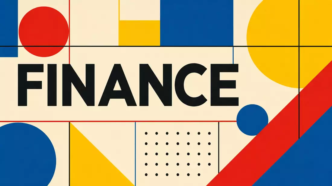 Geometrisches Poster im Bauhaus-Stil mit Formen in Rot, Gelb und Blau und dem Wort FINANCE