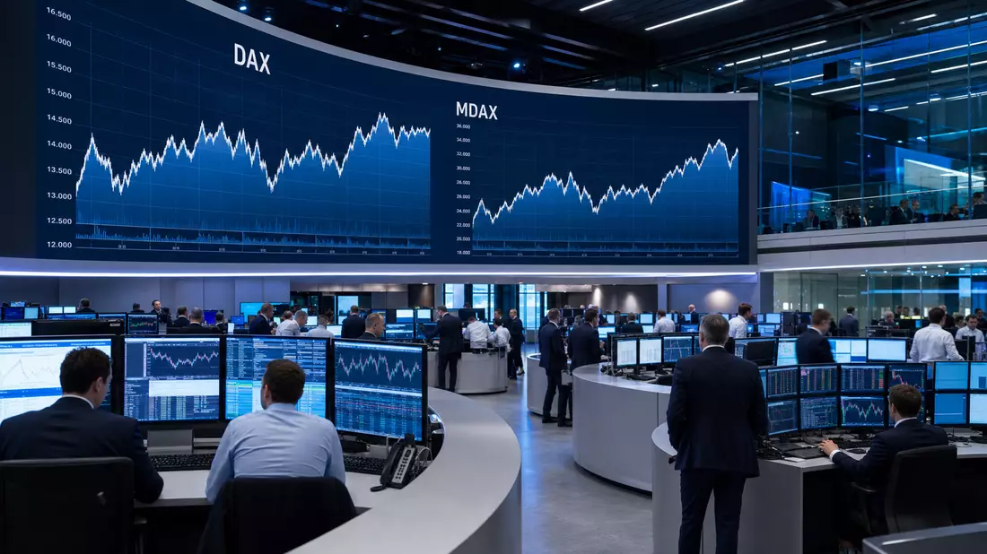Trading-Floor mit großer Videowand voller DAX- und MDAX-Kurscharts und Händlern an Bildschirmen