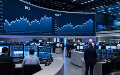 Editorialfoto eines Trading-Floors mit DAX-Charts illustriert das Kerngeschäft der Deutsche Börse AG, DE0005810055 - Foto: THN