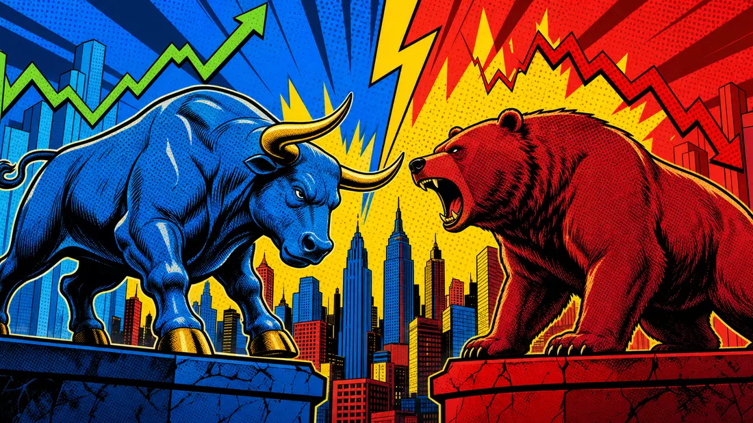 Bunte Comic-Illustration von Bulle und Bär als Statuen vor einer stilisierten Stadtskyline