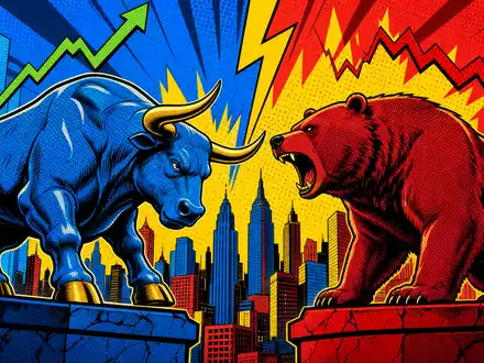 Pop-Art-Comic mit Bulle und Bär vor Skyline symbolisiert Marktbewegungen bei Deutsche Börse AG, DE0005810055 - Foto: THN