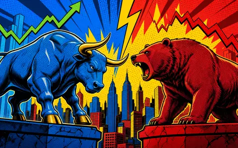 Pop-Art-Comic mit Bulle und Bär vor Skyline symbolisiert Marktbewegungen bei Deutsche Börse AG, DE0005810055 - Foto: THN
