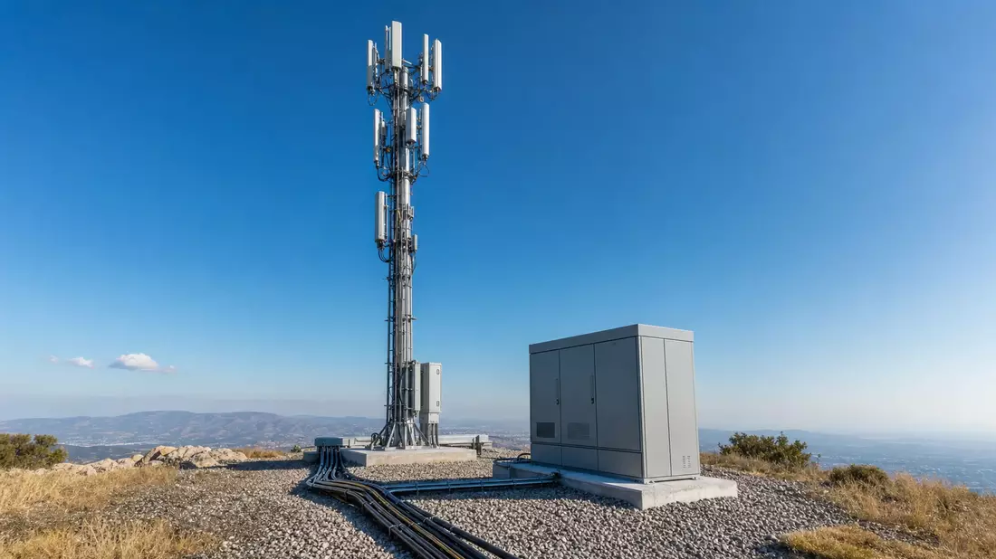 Mobilfunkmast mit 5G-Antennen vor blauem Himmel, Glasfaserkabel am Sockel