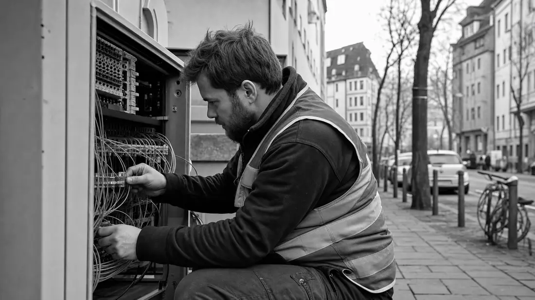 Schwarzweiß-Reportagefoto eines Technikers bei Arbeiten an einem Glasfaser-Verteilerkasten