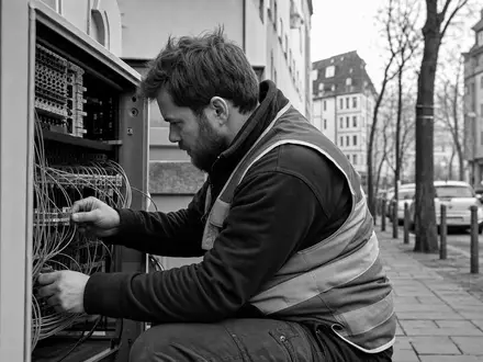 Deutsche Telekom AG (DE0005557508) investiert in den Glasfaserausbau, dokumentiert durch Techniker an einem Verteilerkasten - Foto: THN