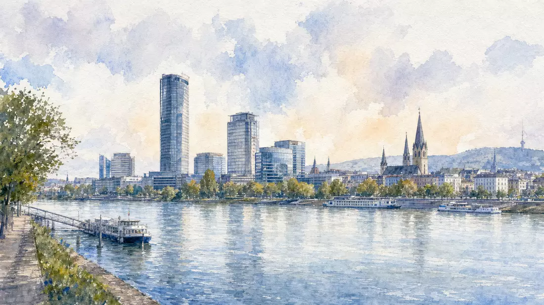Aquarellmalerei der Bonner Skyline entlang des Rheins mit modernen Bürotürmen