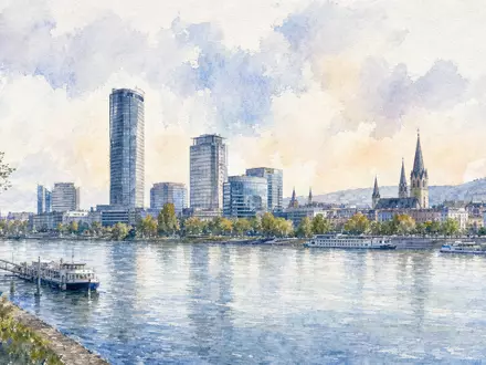 Deutsche Telekom AG (DE0005557508) hat ihren Hauptsitz in Bonn, gezeigt als stimmungsvolle Aquarell-Stadtansicht - Foto: THN